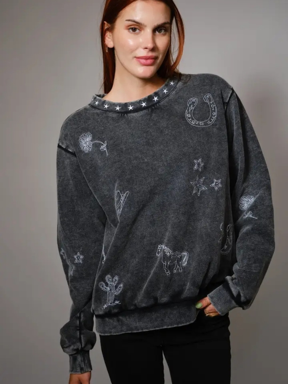BLUE B Washed Black Western Graphic Pullover Sweat Shirt - Picture 1 of 5